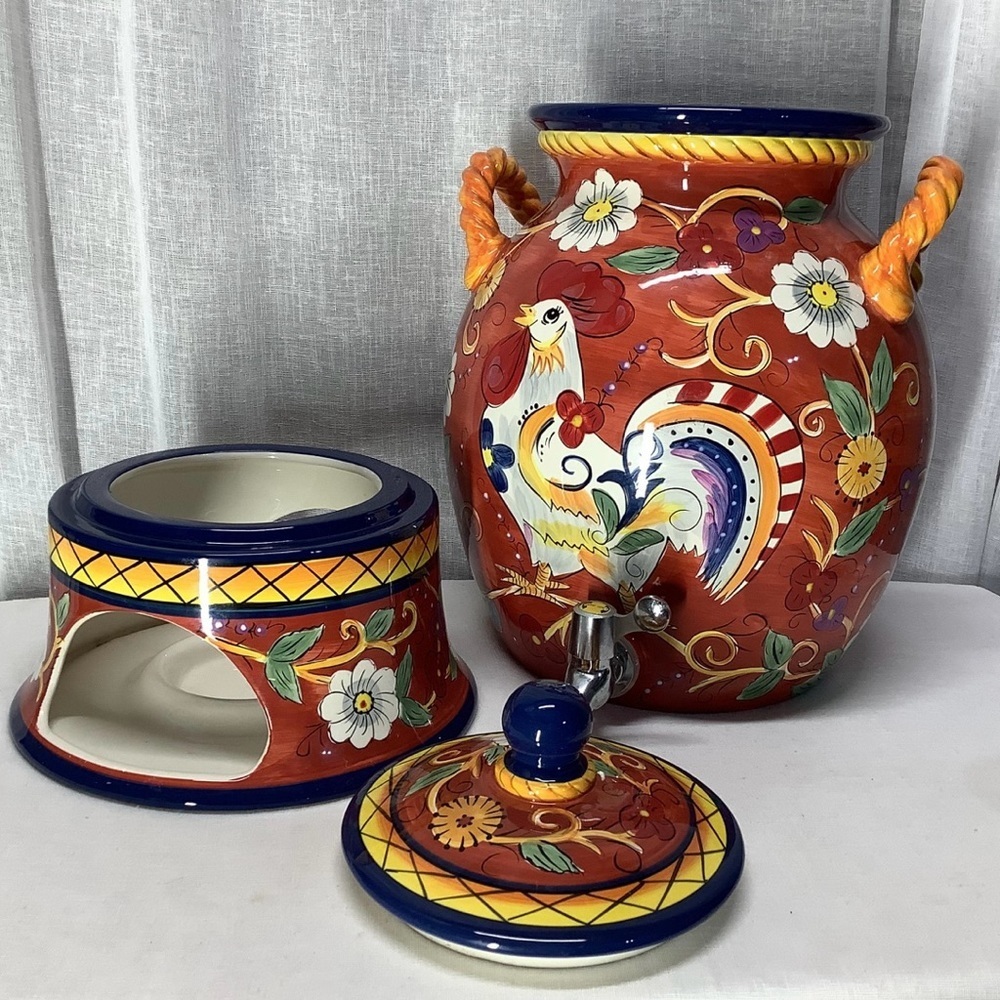 Vintage Hand-Painted Italian Style Beverage Dispenser With Stand for Votive Heat - Picture 2 of 7